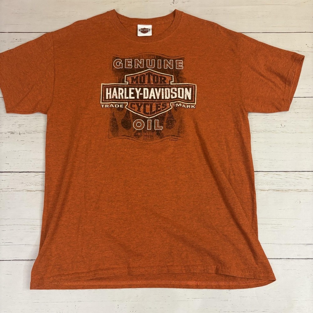 Harley-Davidson Shirt Mens L Orange Genuine Oil Flames Graphic Logo Short Sleeve